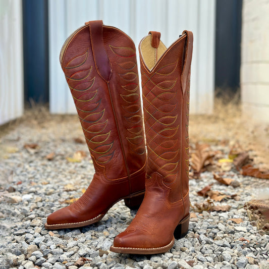 Amber Snip-Toe Colorful Embroidery Wide Calf Knee High Cowgirl Boots