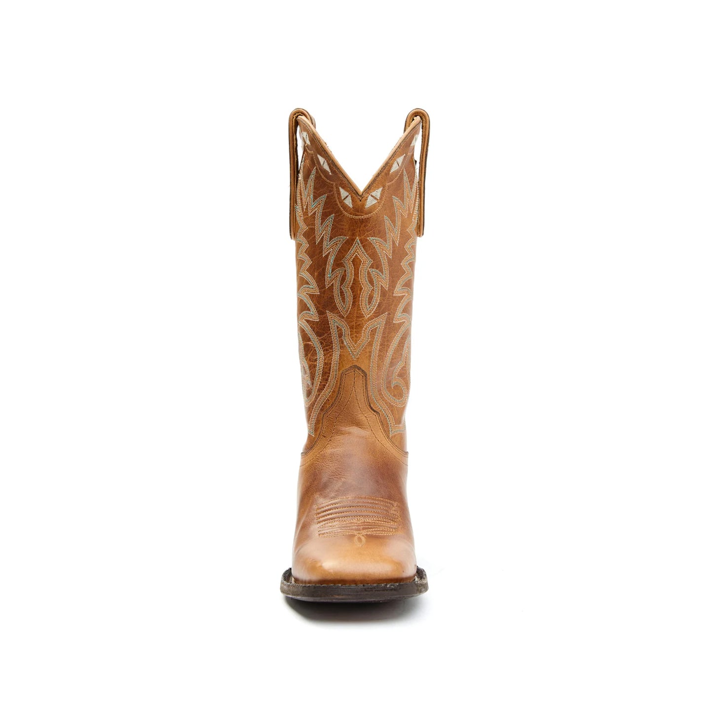 Distressed Tan Square-Toe Embroidery Mid Calf Cowgirl Boots