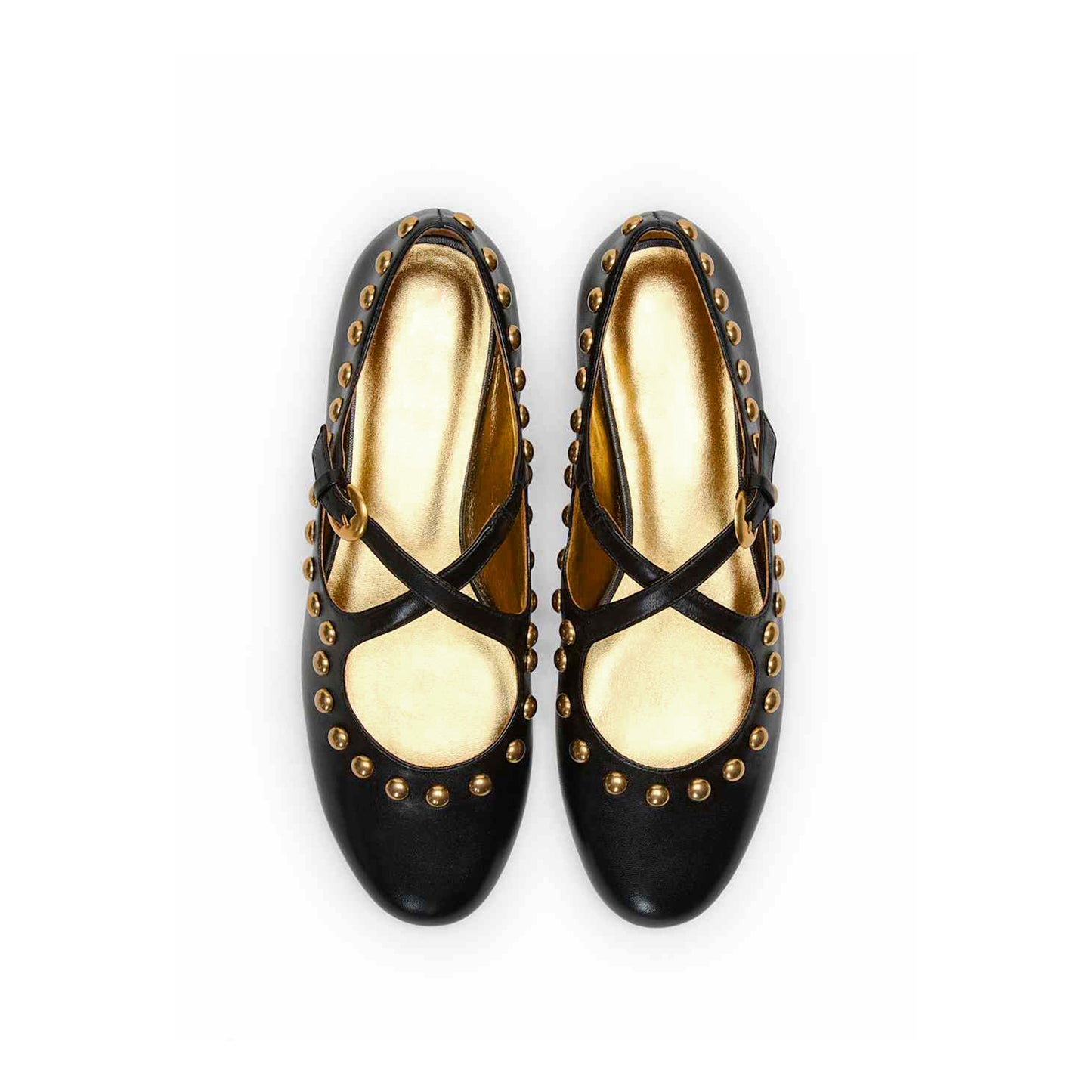 Black Round-Toe Criss Cross Strap Studded Ballet Flats