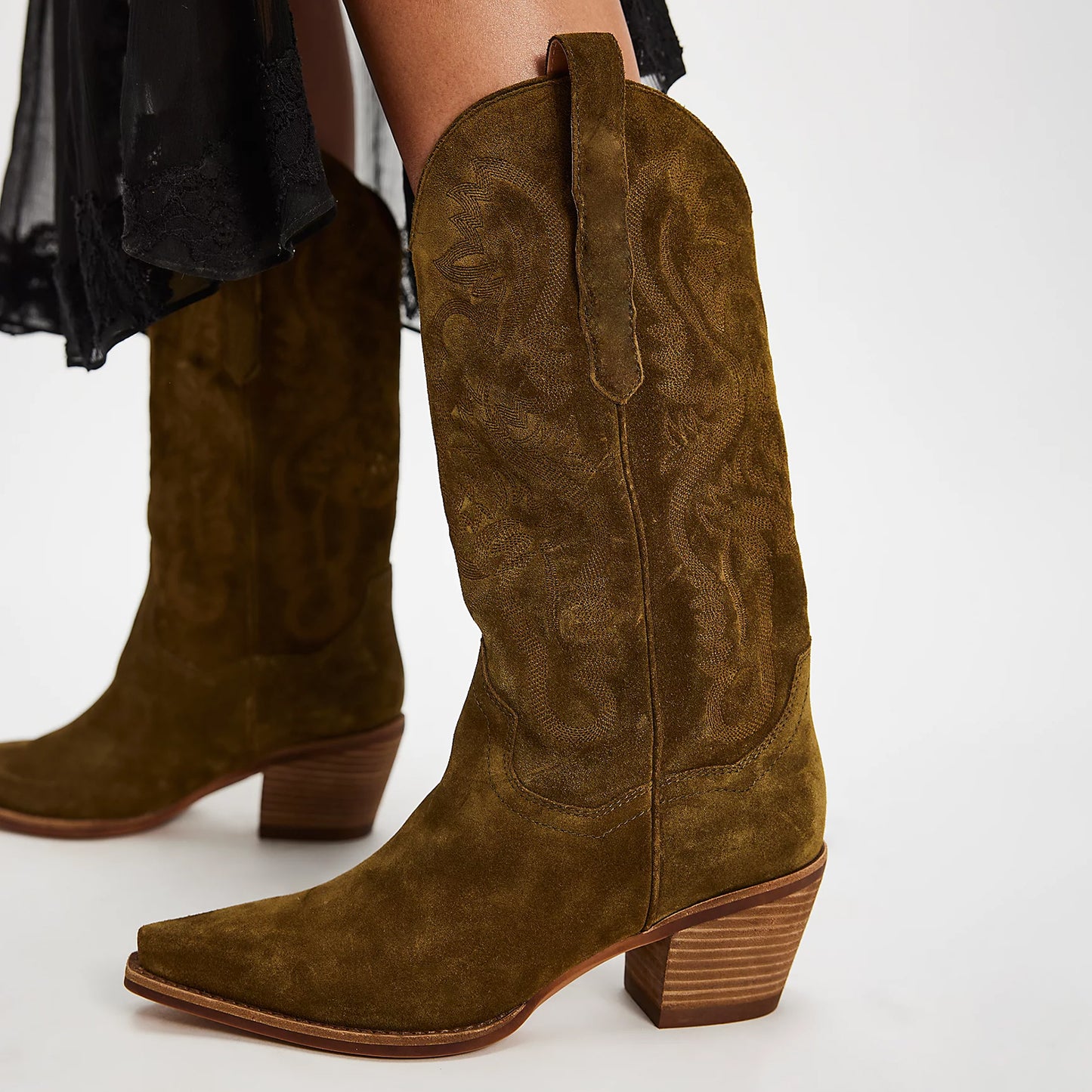 Khaki Faux Suede Snip-Toe Classic Embroidery Mid Calf Cowgirl Boots