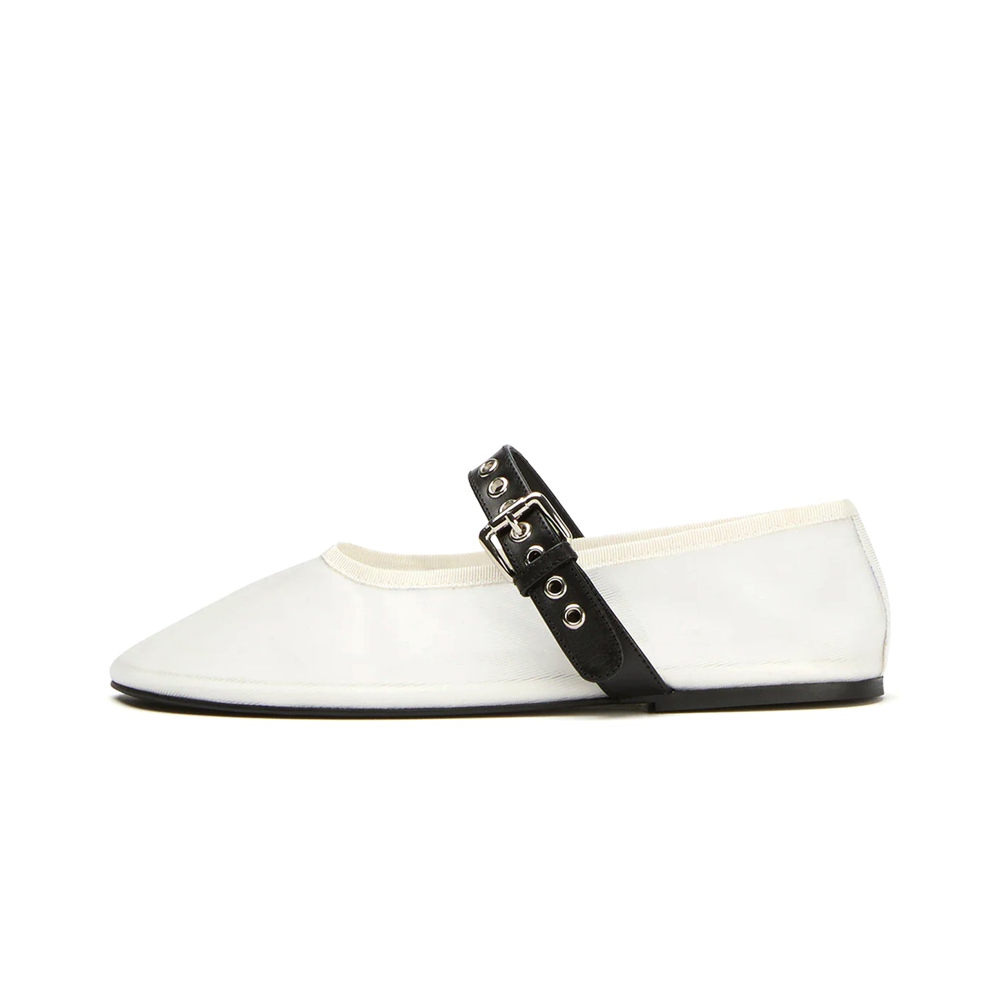 White Mesh Round-Toe Ballet Flats With Bridge Strap
