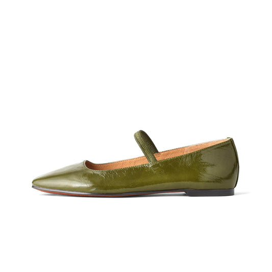 Green Patent Leather Square-Toe Bridge Strap Slip-On Flats