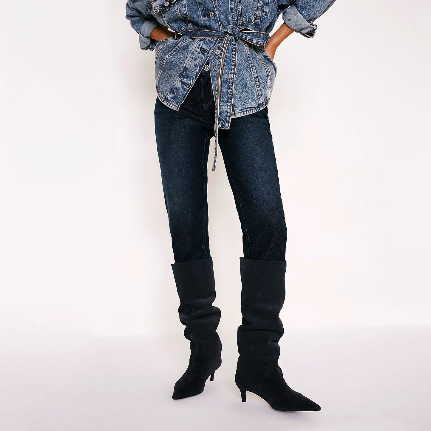 Navy Blue Faux Suede Pointed-Toe Wide Calf Knee High Stiletto Boots