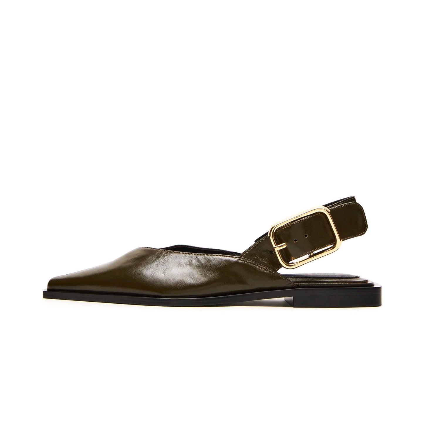 Olive Green Vegan Leather Pointed-Toe Slingback Buckle Flats