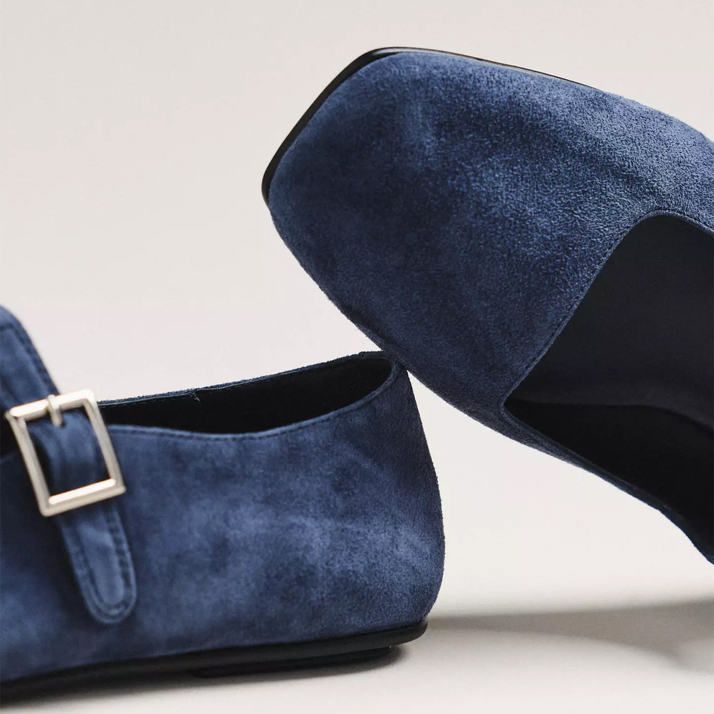 Blue Faux Suede Square-Toe Bridge Strap Mary Janes Flats