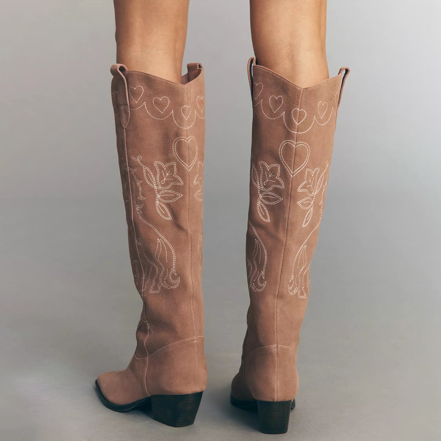 Mauve Faux Suede Round-Toe Heart Flowers Horse Embroidery Wide Calf Knee High Cowgirl Boots