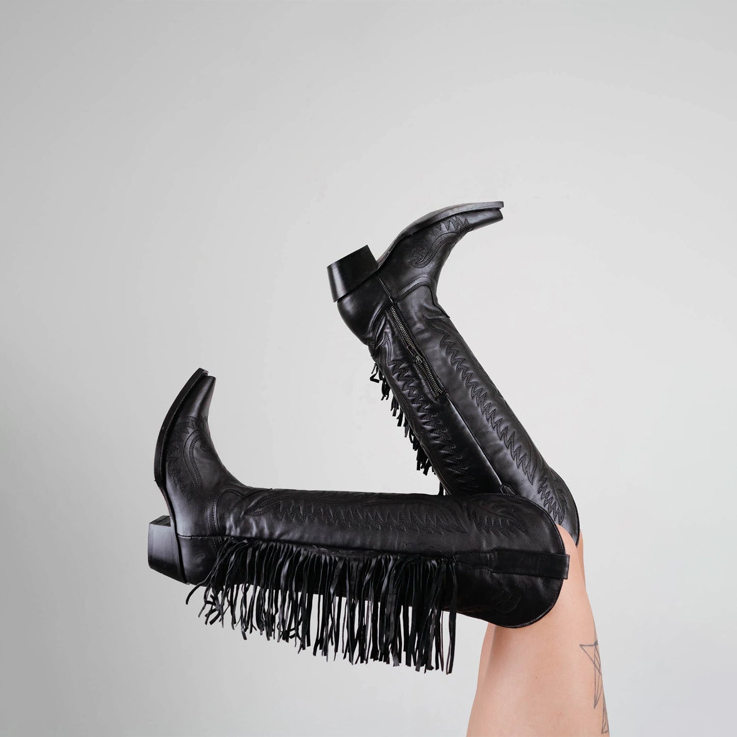 Black Snip-Toe Embroidery Side Fringe Half-Zip Knee High Cowgirl Boots