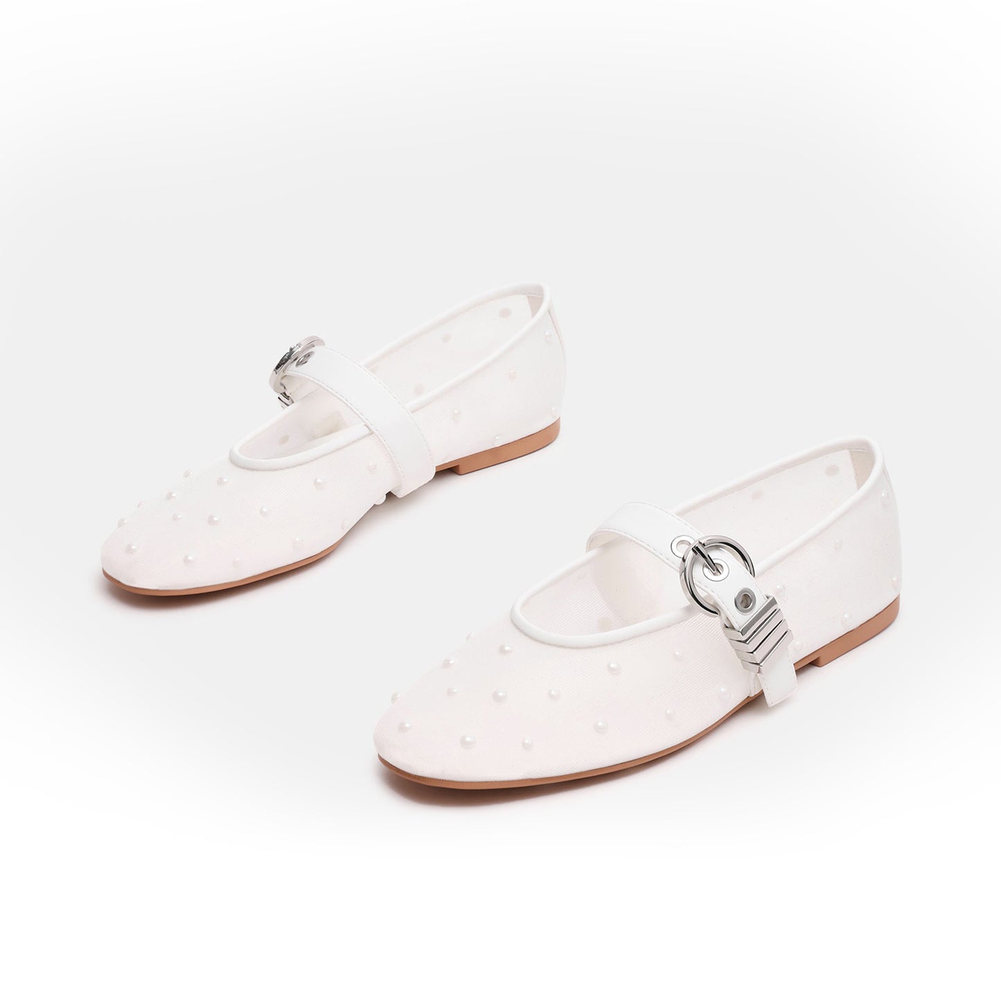 White Studded Mesh Square-Toe Bridge Strap Ballet Flats