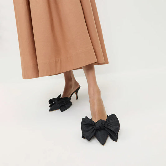 Black Satin Pointed-Toe Front Big Bow High Heels