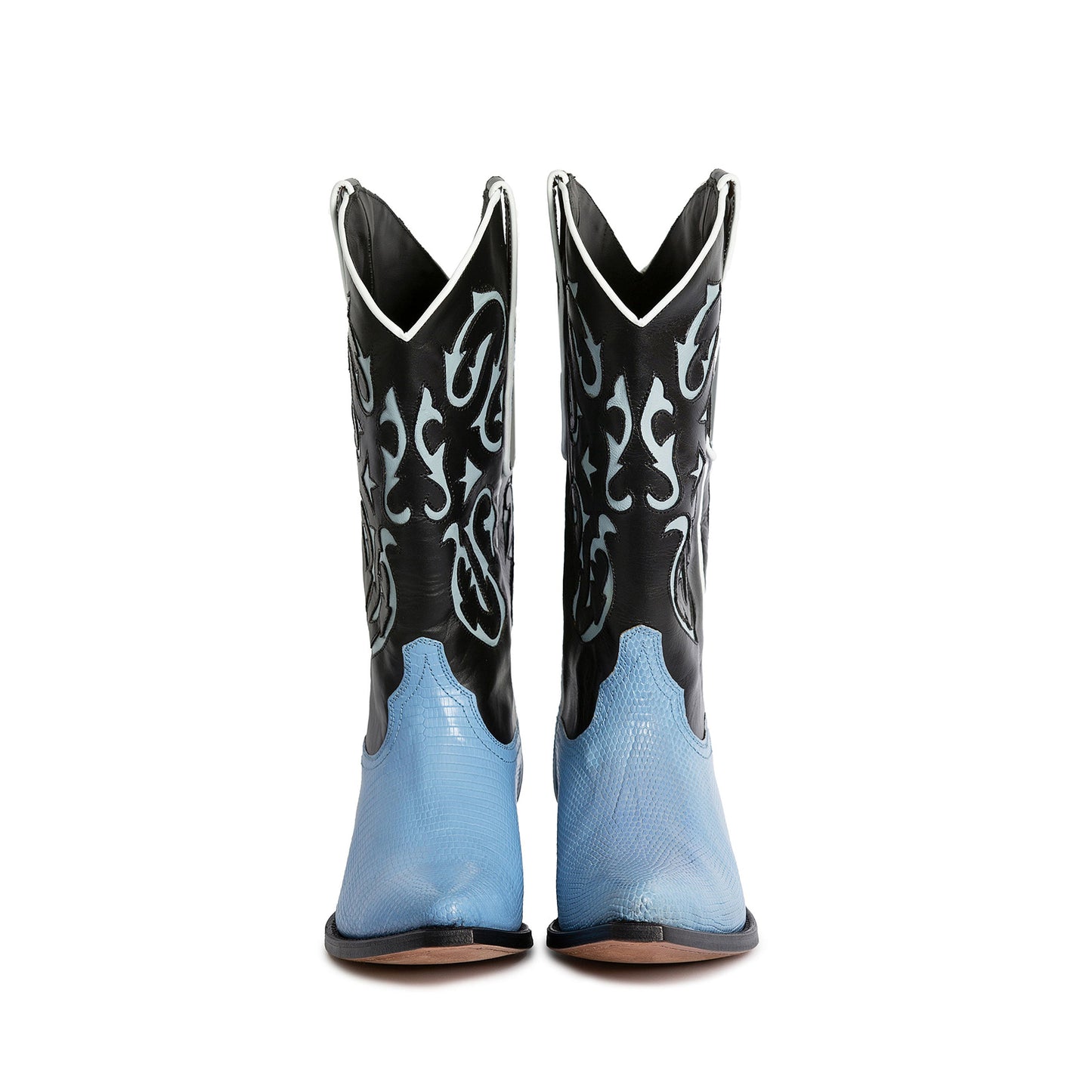 Contrast Black And Blue Lizard Print Pointed-Toe Inlays Mid Calf Cowgirl Boots