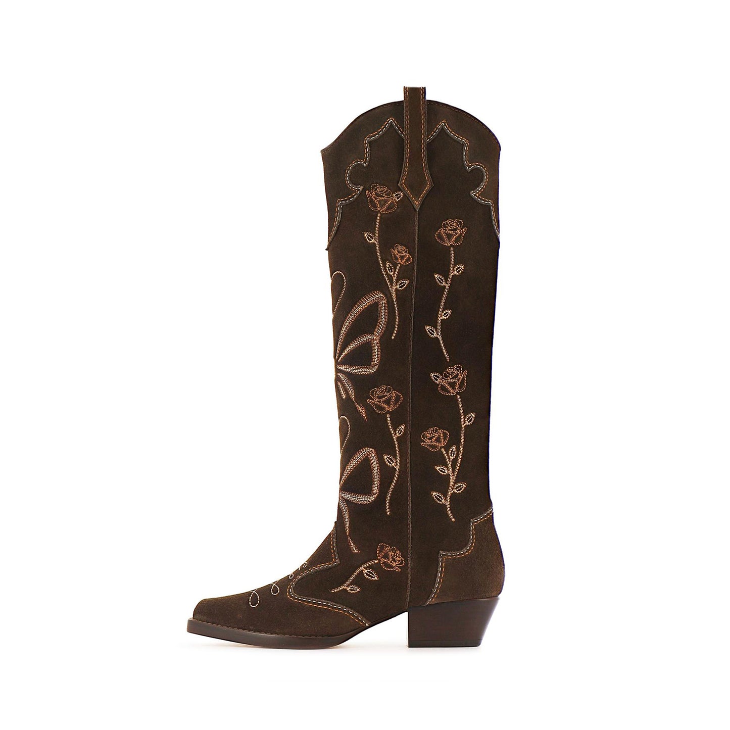 Chocolate Snip-Toe Rose Heart Butterfly Embroidery Wide Calf Knee High Cowgirl Boots
