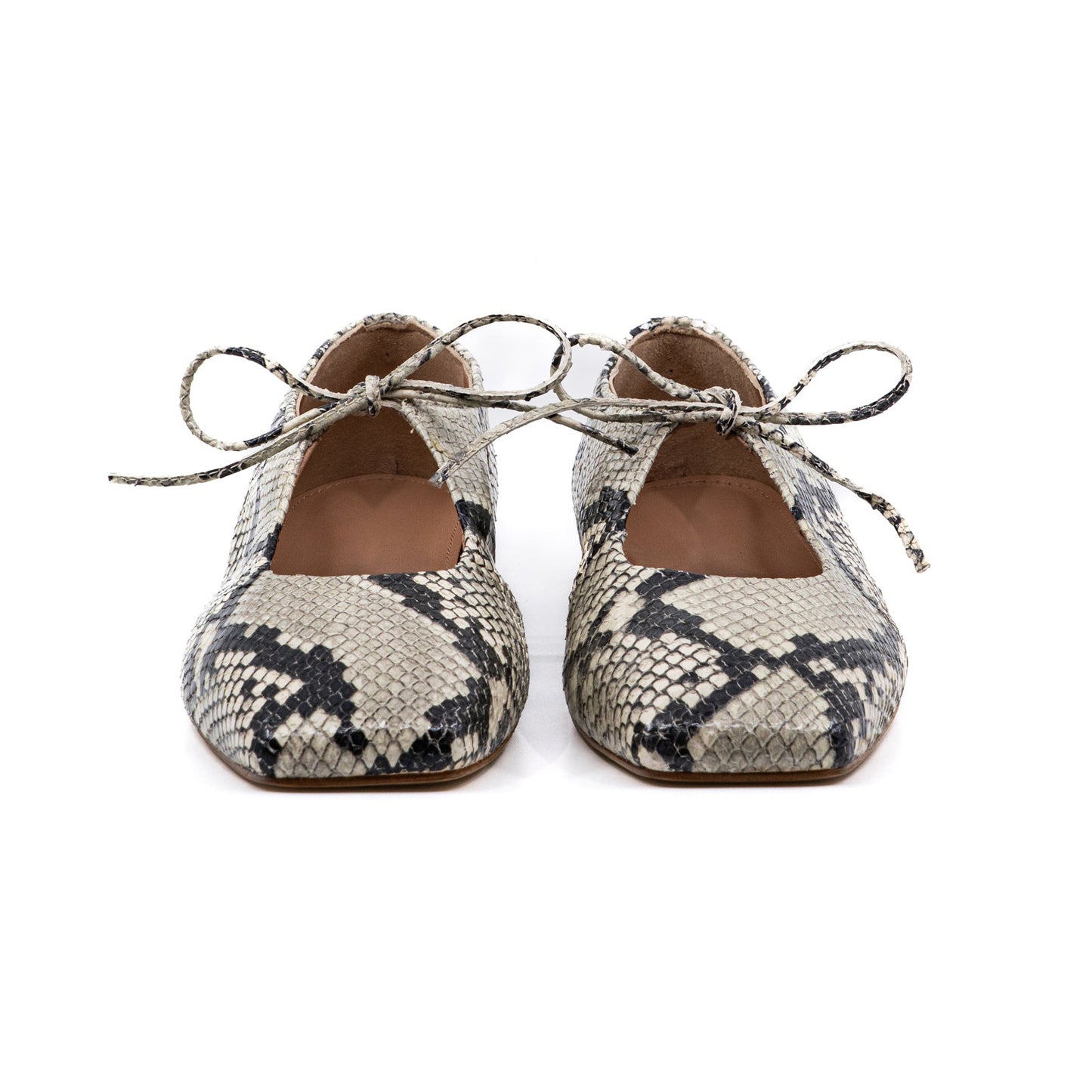 Snakeskin Print Vegan Leather Square-Toe Vamp Strap With Bow Ballet Flats