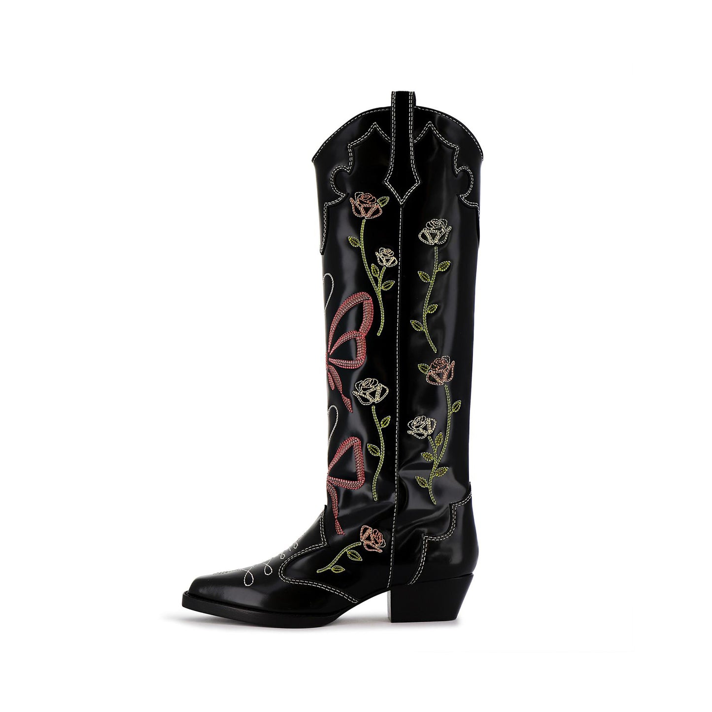 Black Snip-Toe Rose Heart Butterfly Embroidery Wide Calf Knee High Cowgirl Boots