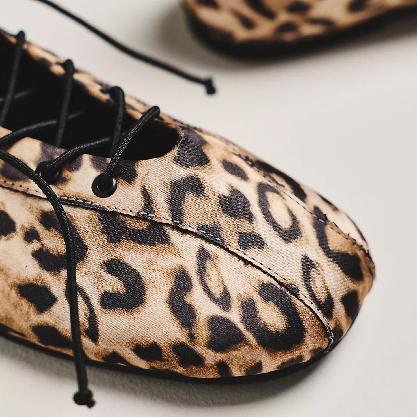 Leopard Satin Square-Toe Lace-Up Ballet Flats