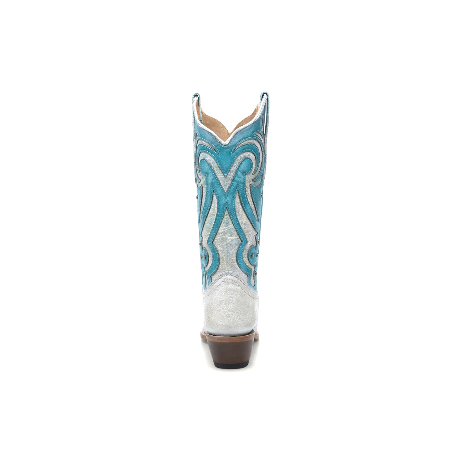 Distressed White Overlay Turquoise Snip-Toe Studded Mid Calf Cowgirl Boots