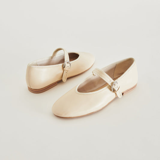 Cream Vegan Leather Round-Toe Bridge Strap Ballet Flats