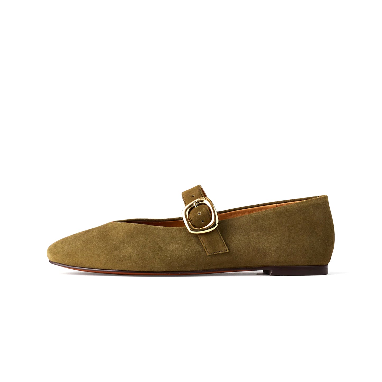 Olive Green Faux Suede Round-Toe Buckle Bridge Strap Slip-On Flats