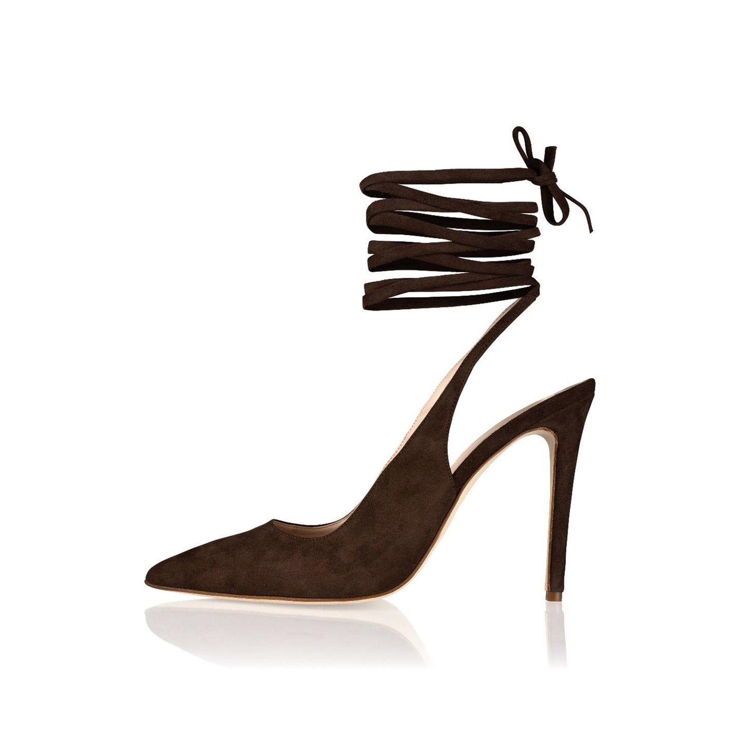 Black Faux Suede Pointed-Toe Slingback Ankle Laces High Heels
