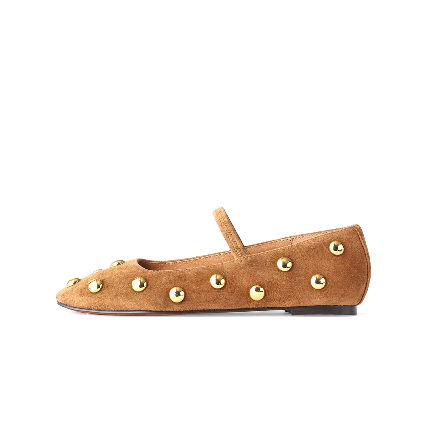 Tan Faux Suede Square-Toe Bridge Strap Studded Slip-On Flats