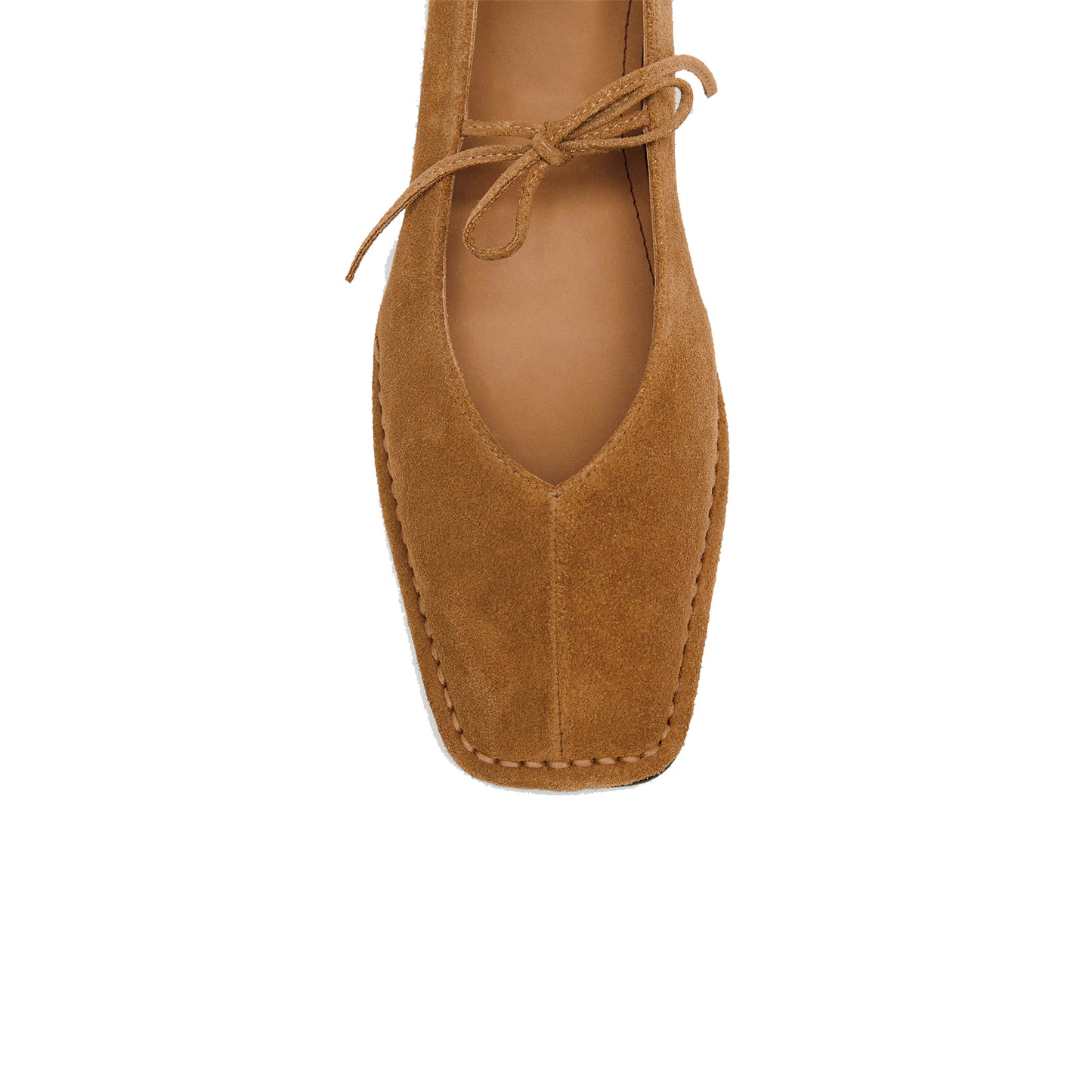 Tan Faux Suede Square-Toe V-Cut Vamps Bridge Self-Tie Bow Ballet Flats