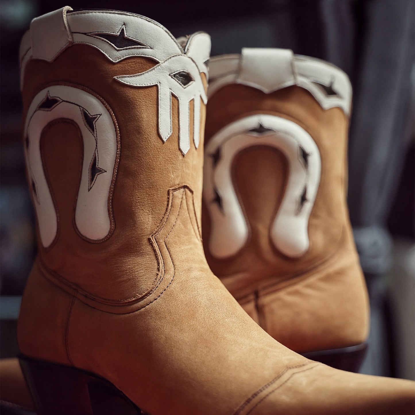 Brown Pointed-Toe Horseshoe Embroidery Classic Ankle Cowgirl Boots