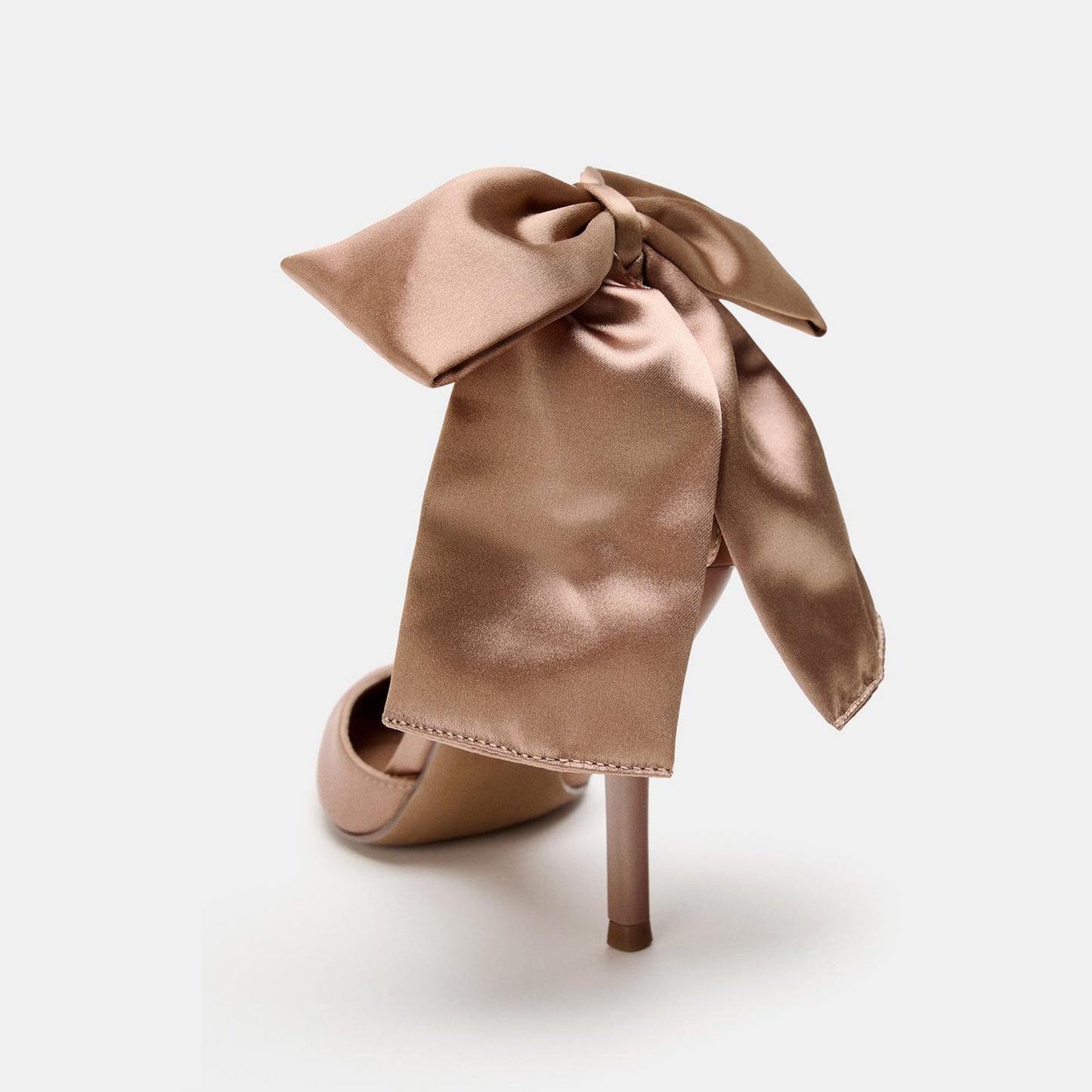 Beige Satin Pointed-Toe Ankle Strap With Big Bow Chic High Heels