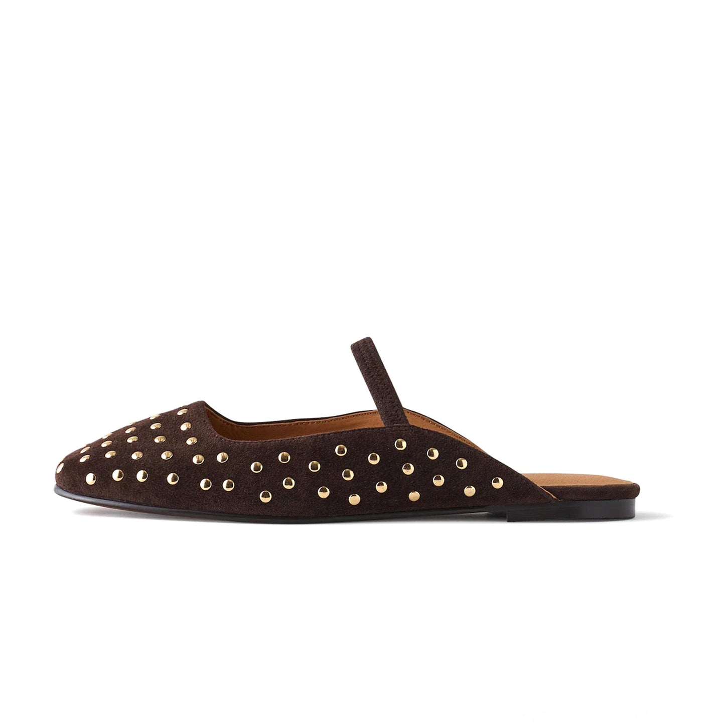 Dark Brown Faux Suede Square-Toe Bridge Strap Studded Slip-On Flats