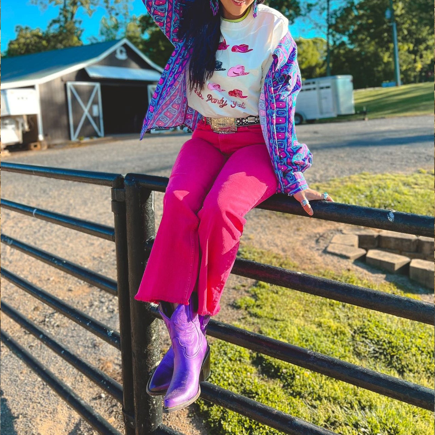 Metallic Purple Almond-Toe Embroidery Ankle Cowgirl Boots