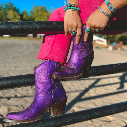 Metallic Purple Almond-Toe Embroidery Ankle Cowgirl Boots