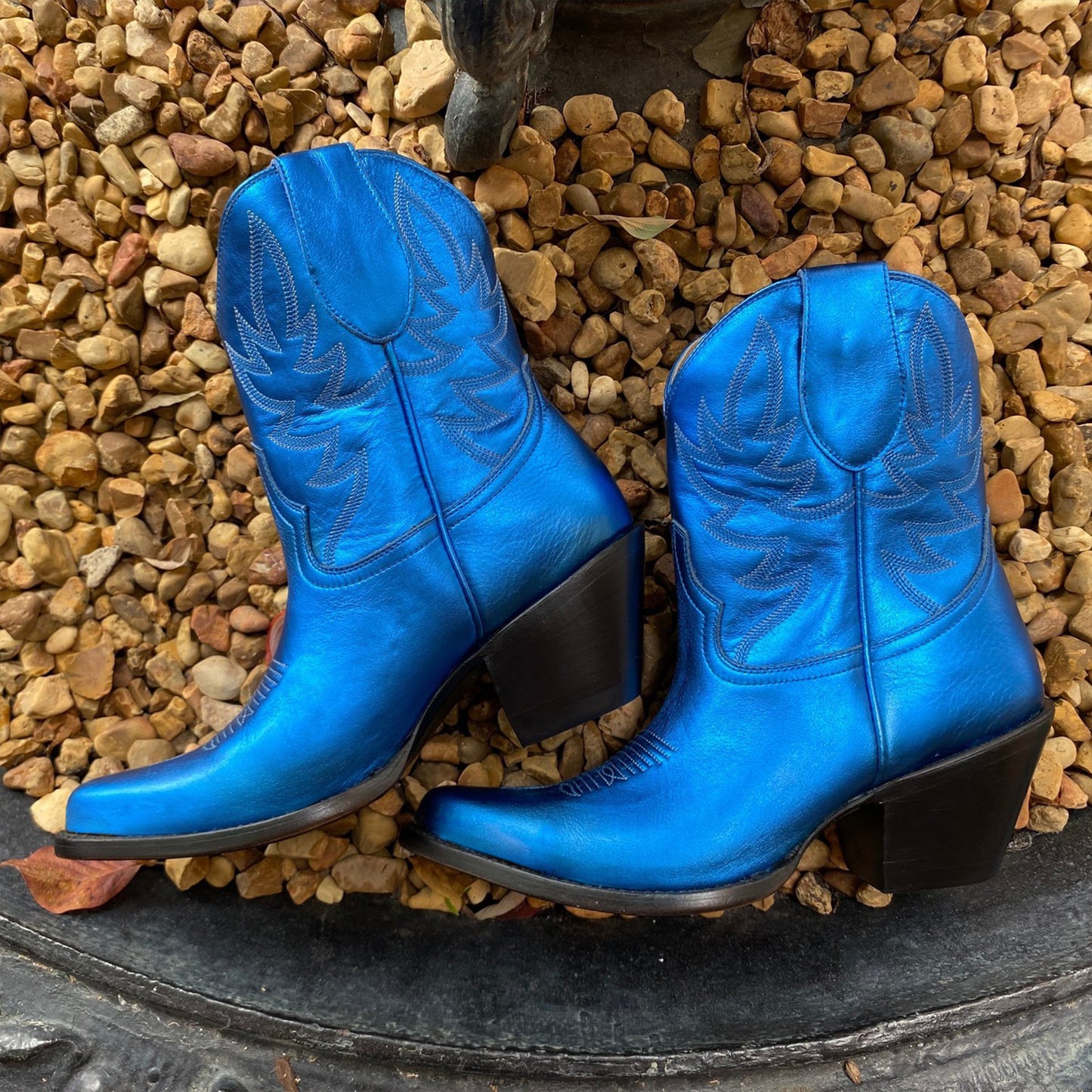 Metallic Royal Blue Almond-Toe Embroidery Ankle Cowgirl Boots