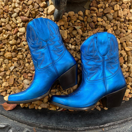 Metallic Royal Blue Almond-Toe Embroidery Ankle Cowgirl Boots