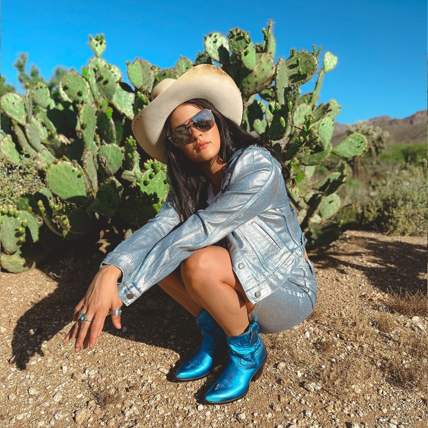 Metallic Royal Blue Almond-Toe Embroidery Ankle Cowgirl Boots