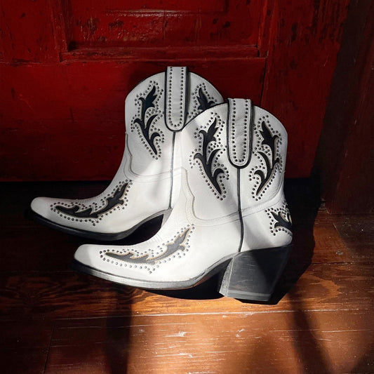 White Almond-Toe Black Inlay Studded Ankle Cowgirl Boots