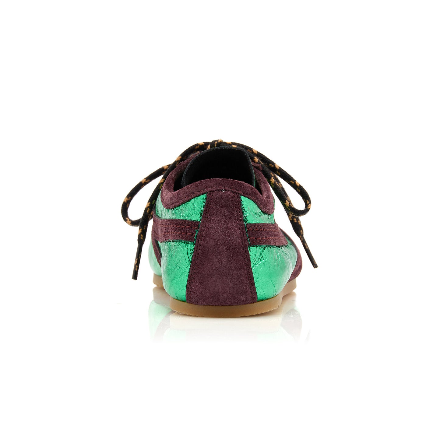 Green Contrast Faux Suede And Metallic Vegan Leather Square-Toe Lace-Up Sneakers Flats