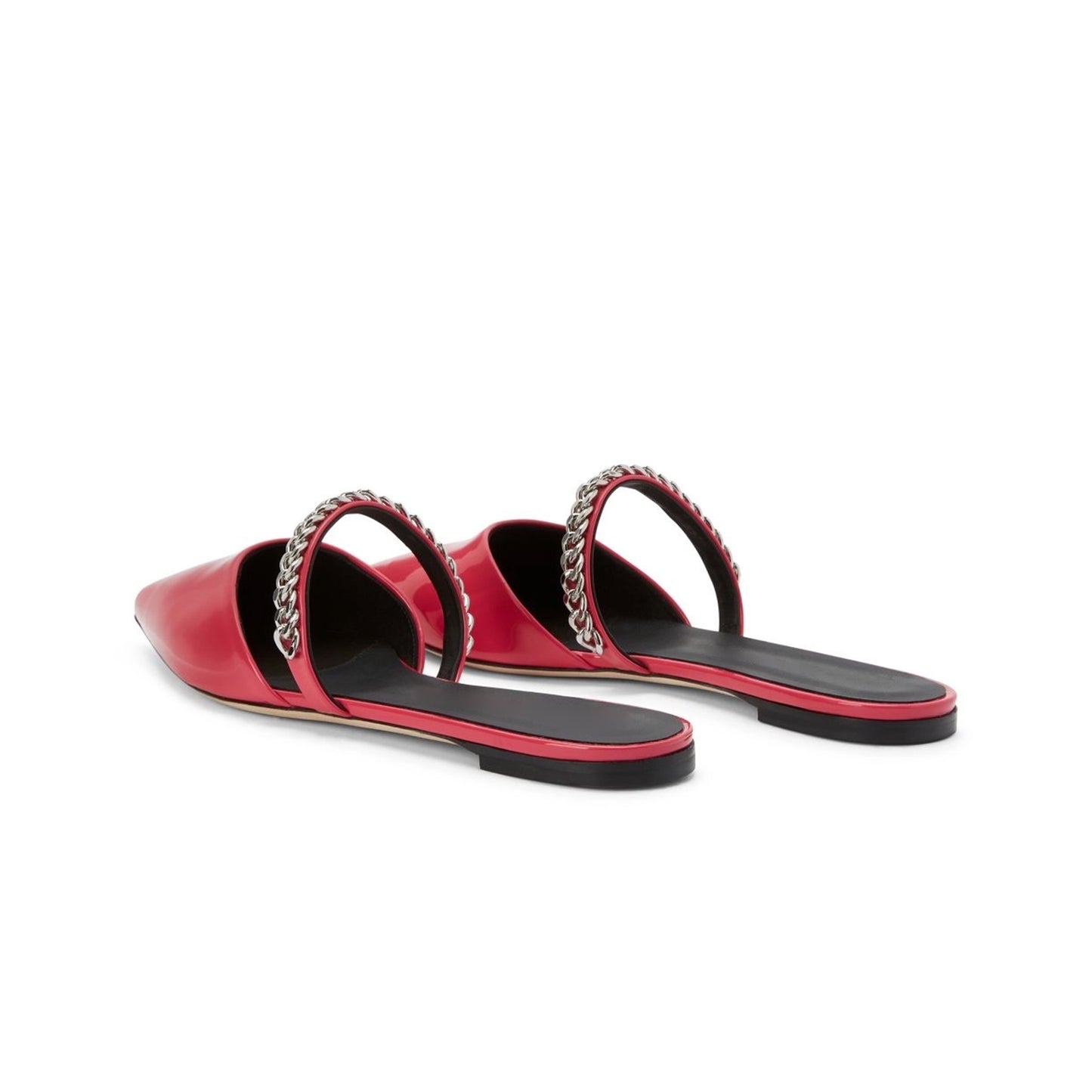 Patent Red Pointed-Toe Bridge Strap With Silver Chain Backless Flats