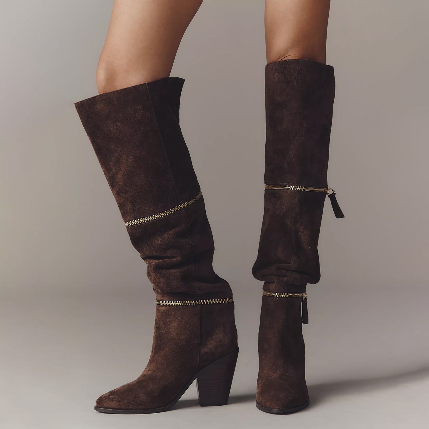 Chocolate Faux Suede Round-Toe Round Zipper Wide Calf Over-The-Knee Cowgirl Boots