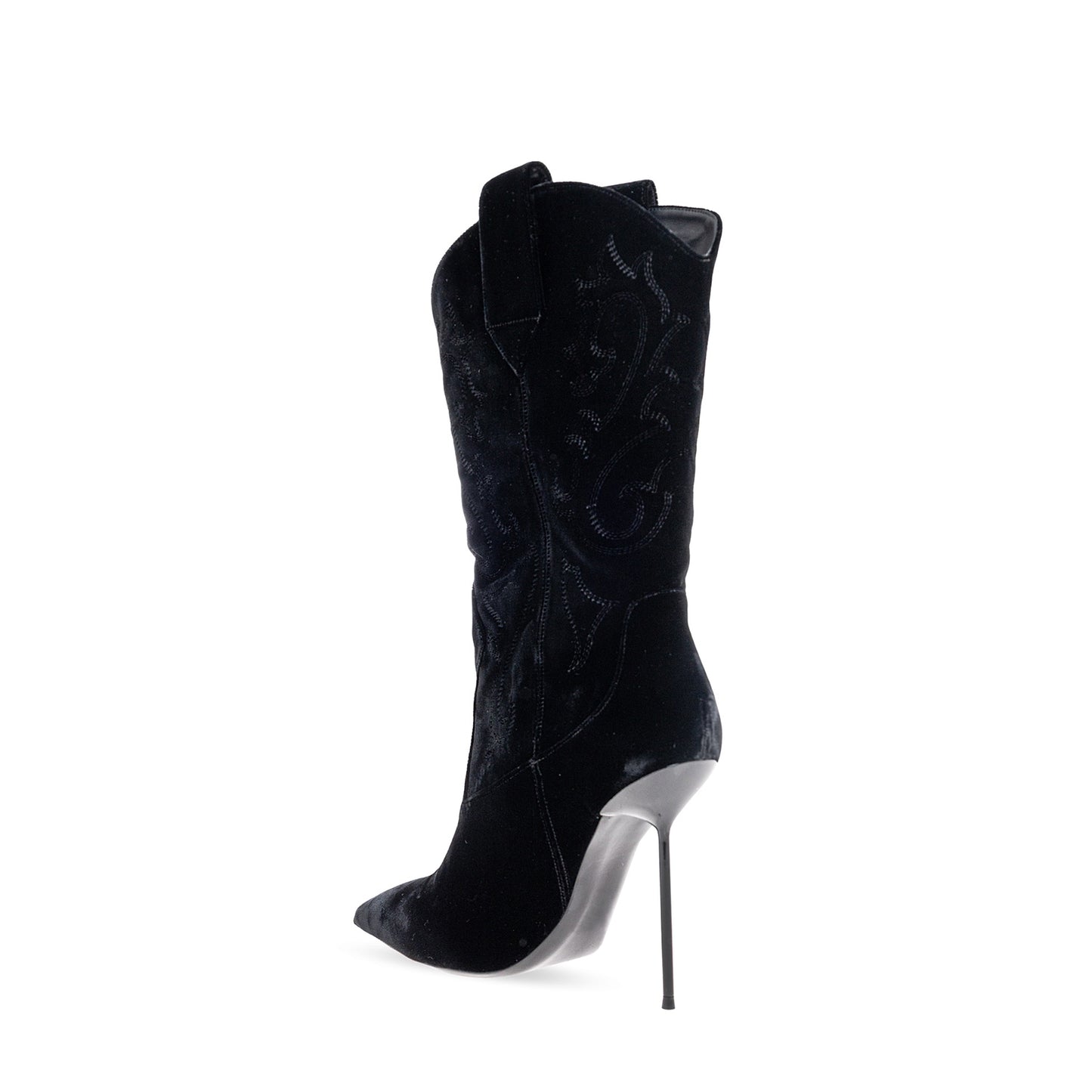 Black Velvet Pointed-Toe Embroidery Chic Mid Calf Stiletto Boots