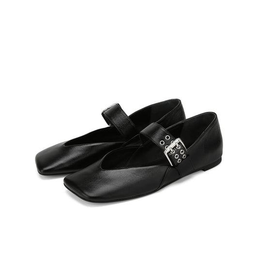Black Vegan Leather Square-Toe Bridge Strap With Double Eyelets Flats
