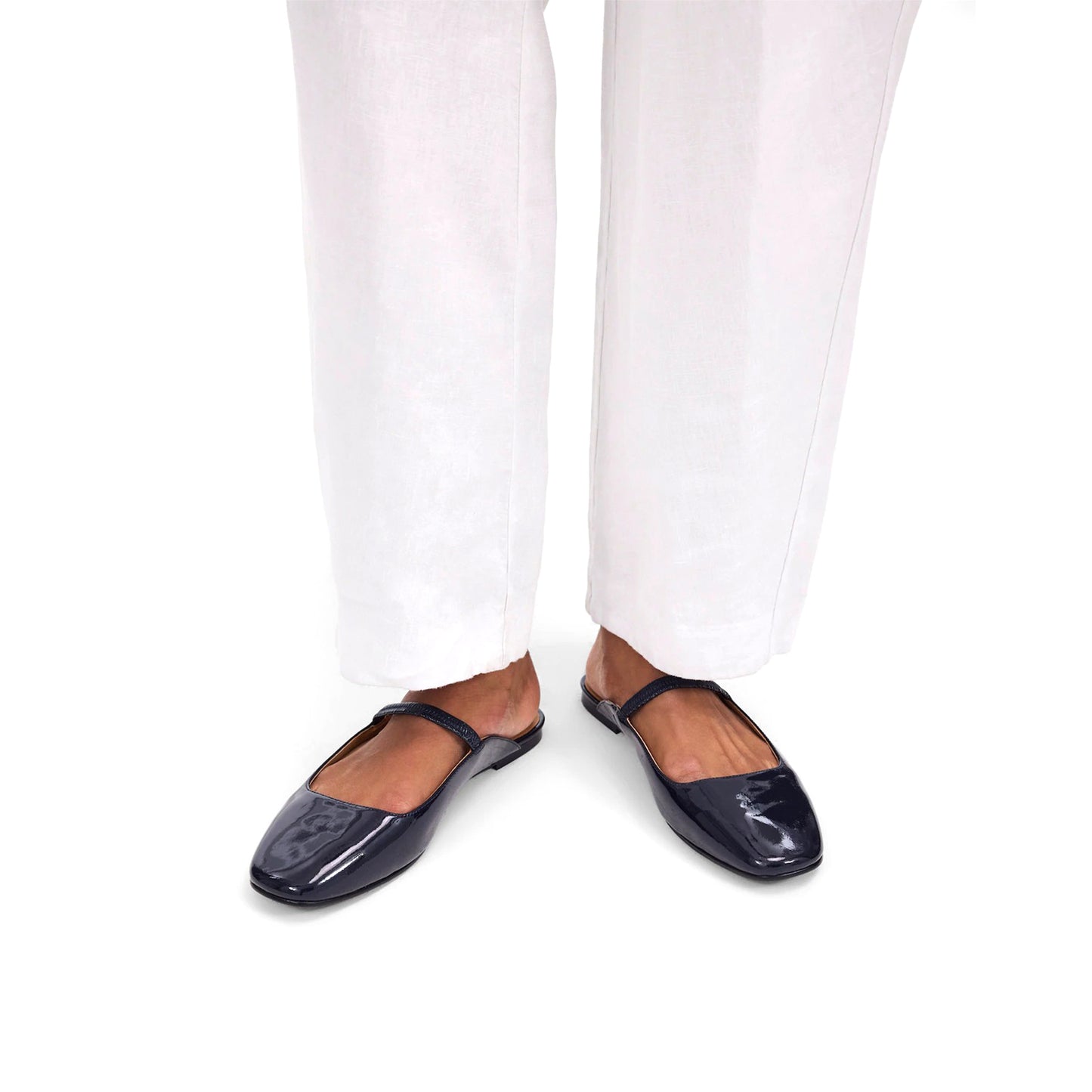 Patent Indigo Square-Toe Bridge Strap Slip-On Flats