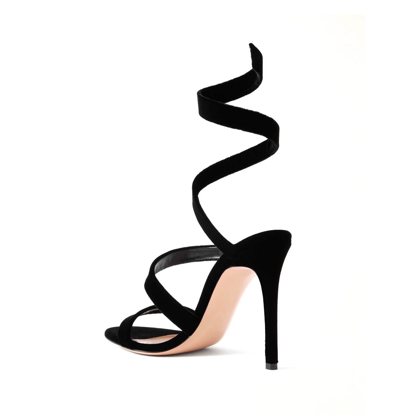 Black Velvet Round-Toe Spiral Ankle Straps Sandals High Heels
