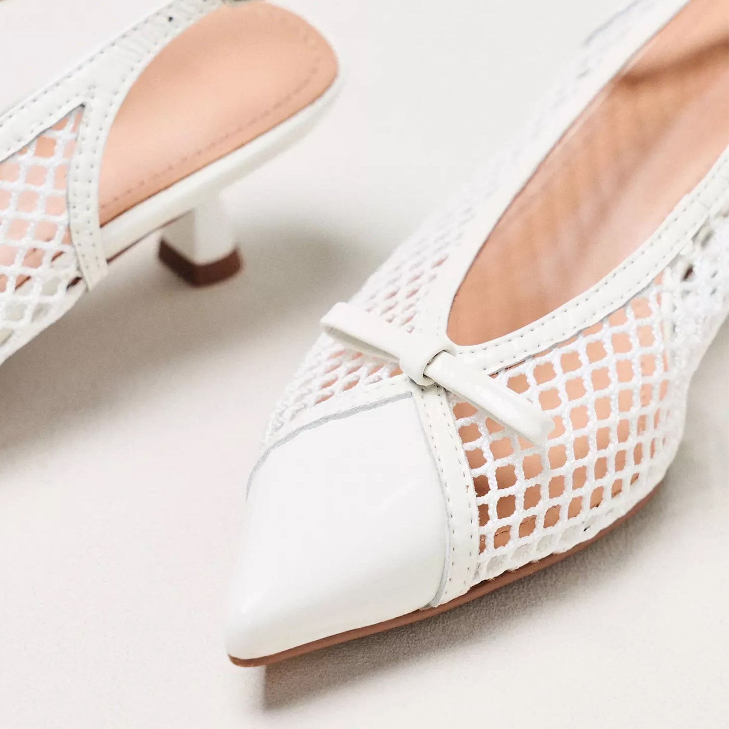White Mesh Patent Pointed-Toe Front Bow Slingback Kitten Heels
