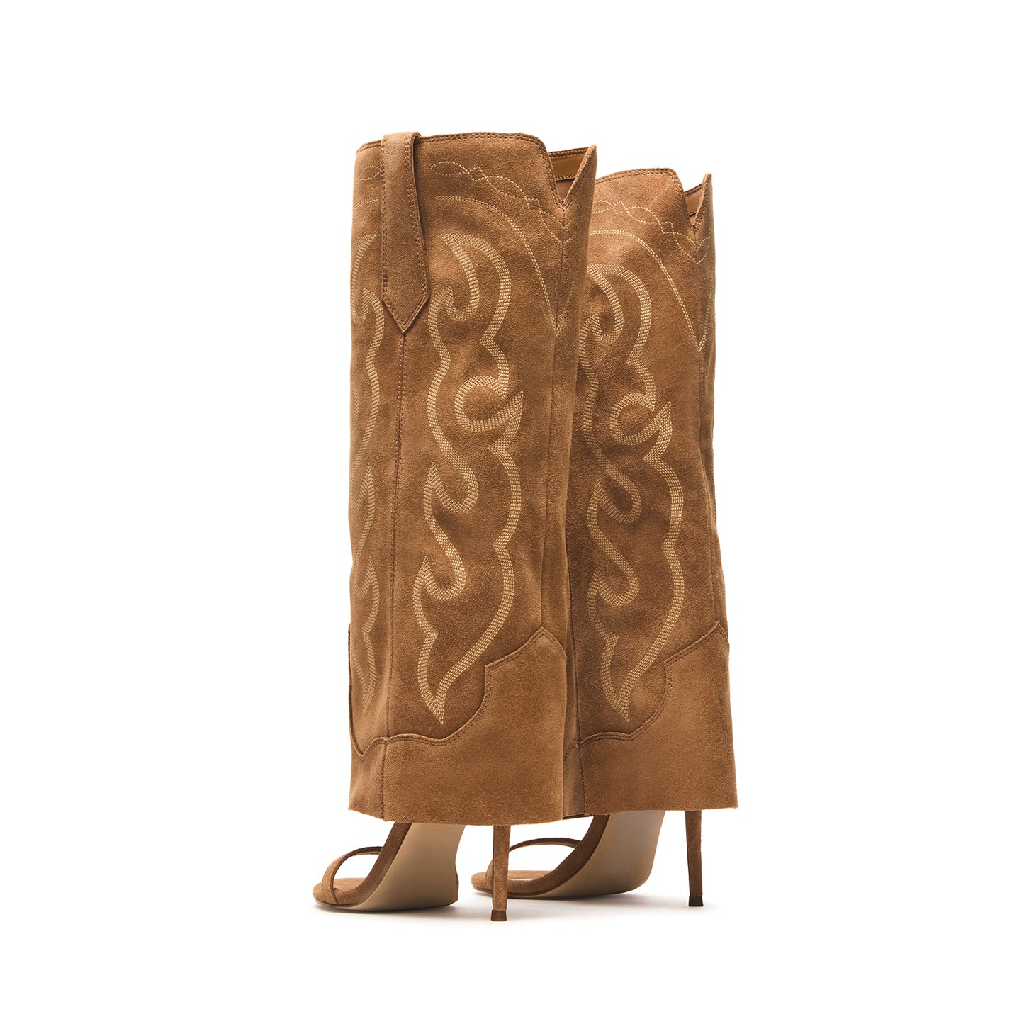Tan Faux Suede Open Round-Toe Fold-Over Embroidery Wide Calf Knee High Stiletto Boots.