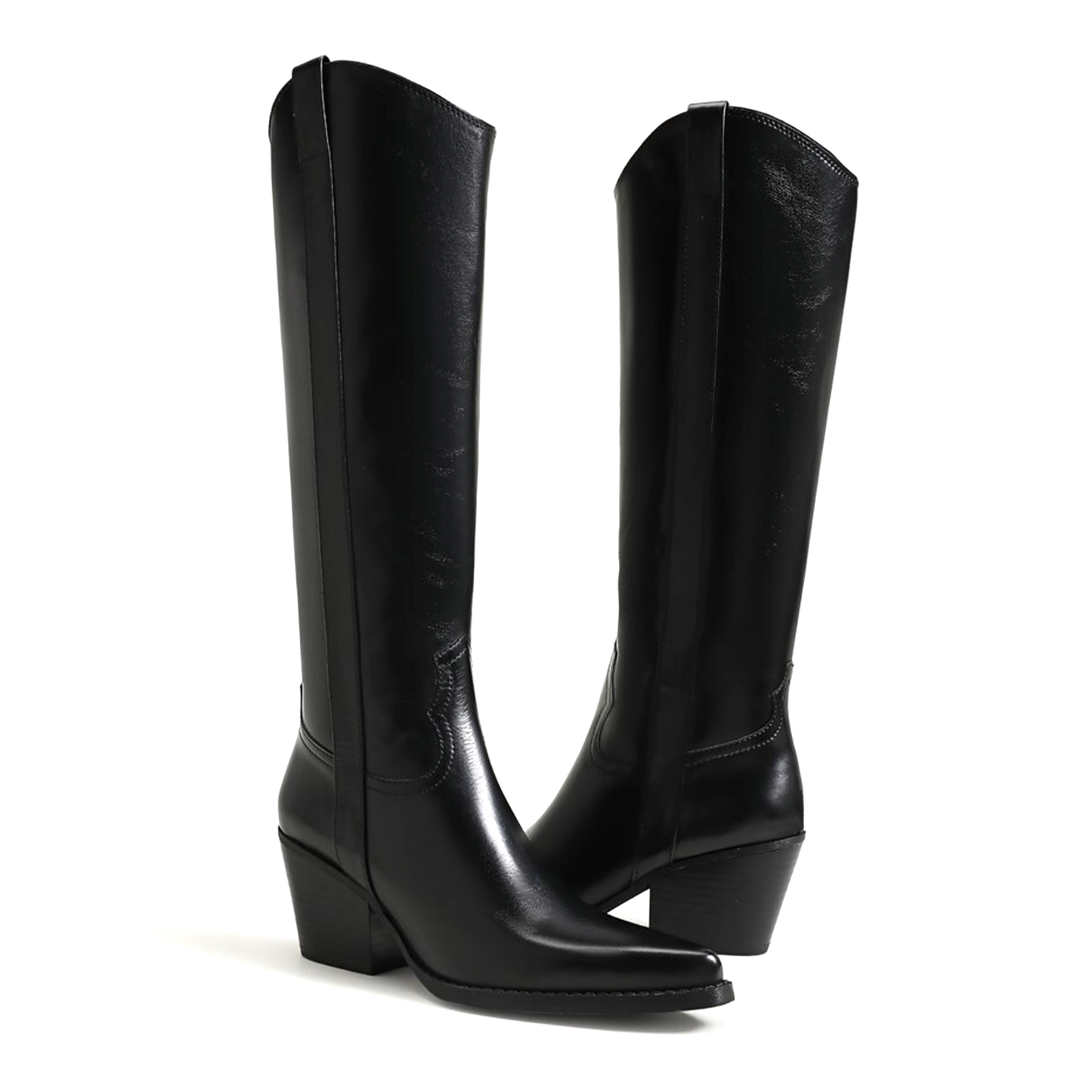 Black Pointed-Toe Half-Zip Knee High Cowgirl Boots