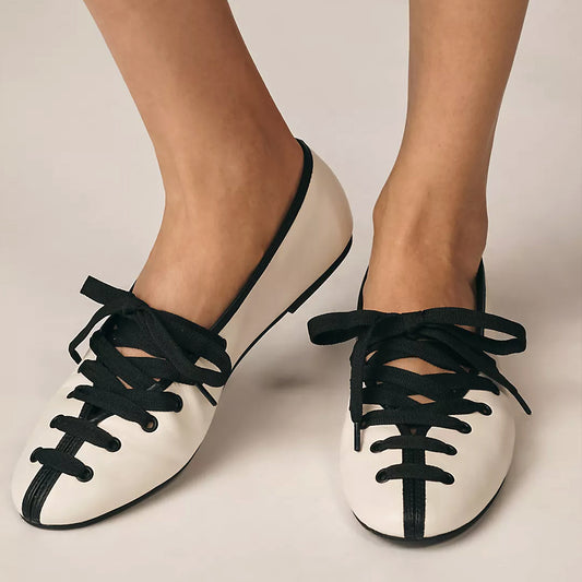 White Round-Toe Black Lace-Up Ballet Flats