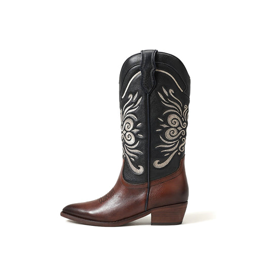 Contrast Black And Brown Pointed-Toe Chic Embroidery Mid Calf Cowgirl Boots