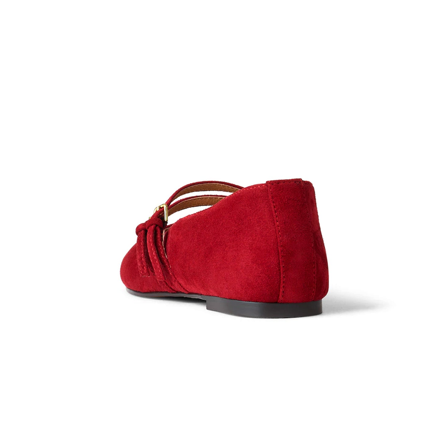 Red Faux Suede Square-Toe Double Buckle Bridge Strap Flats
