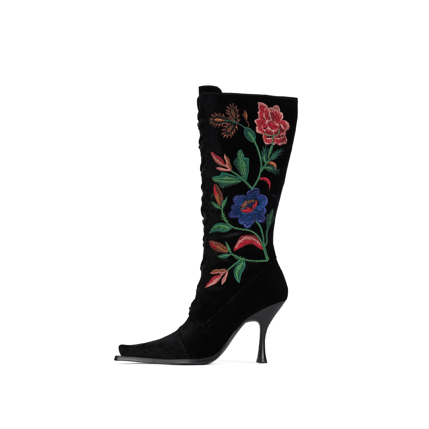 Black Velvet Pointed-Toe Colorful Flowers Embroidery Front Lace-Up Full-Zip Knee High Stiletto Boots