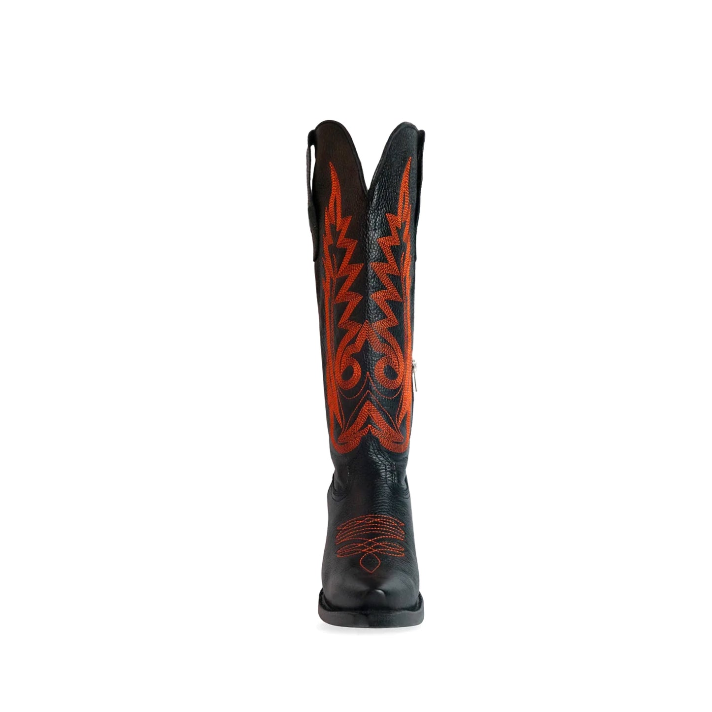 Black Snip-Toe Orange Embroidery Mid Calf Cowgirl Boots