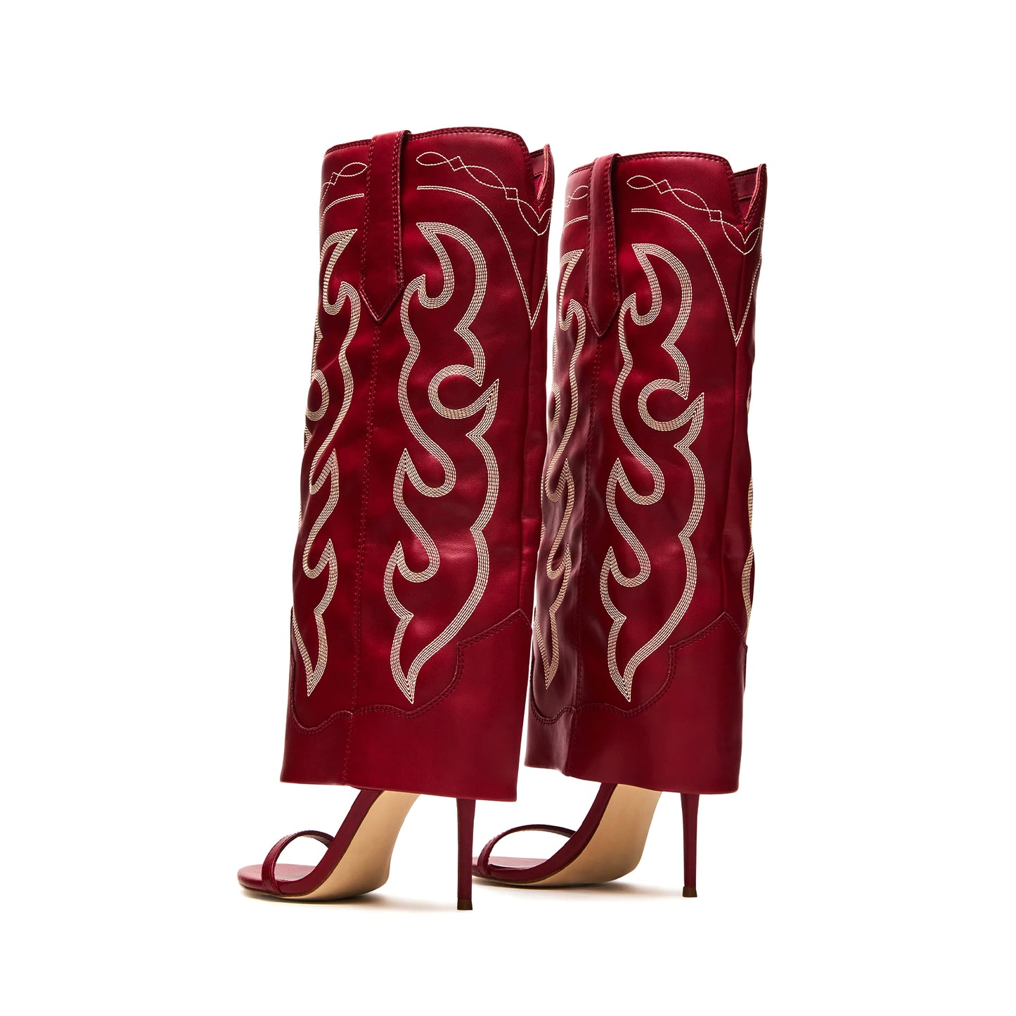 Red Open Round-Toe Fold-Over Embroidery Wide Calf Knee High Stiletto Boots