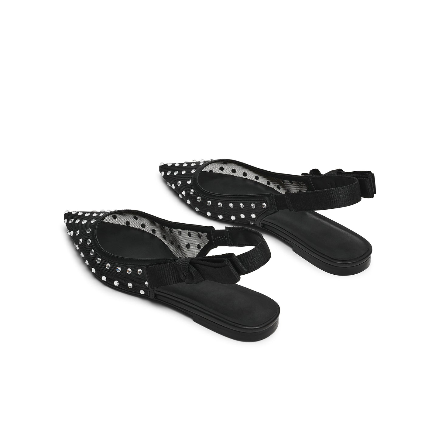 Black Mesh Pointed-Toe Rhinestones And Slingback With Bow Flats